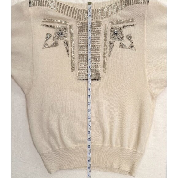 Vintage 80s Anne Klein Cream Lambswool Angora Beaded Batwing Sweater Size Medium - Picture 12 of 13